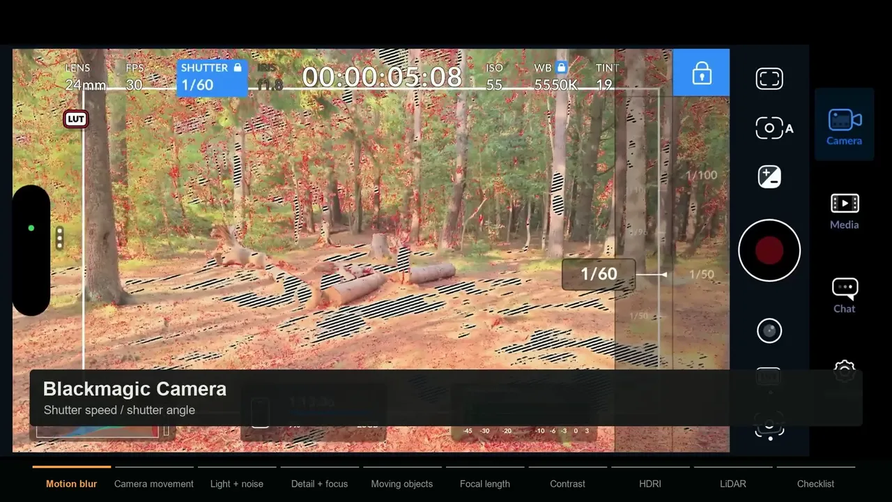 Blackmagic Camera app with the shutter control open, used to limit motion blur on an iPhone