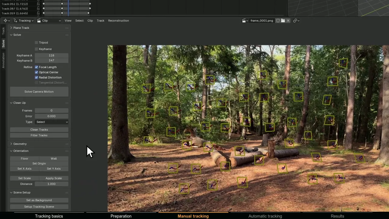 Blender Movie Clip Editor after Solve Camera Motion, with the tracked footage and solve settings