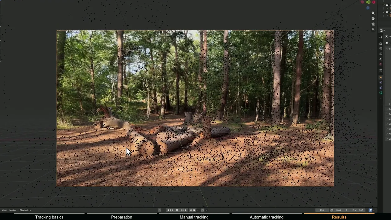 Blender camera view with the footage as background, used to check that the solved camera matches the shot