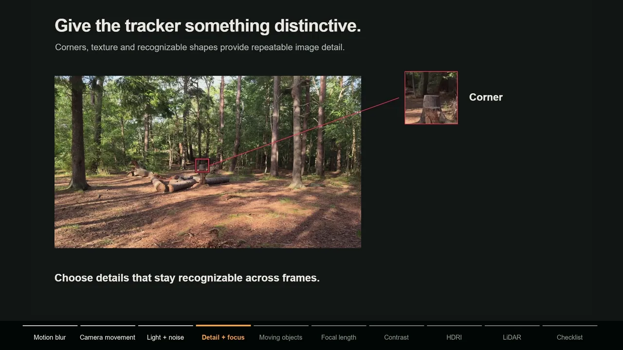 Graphic showing a high contrast corner on a log selected as a good tracking feature