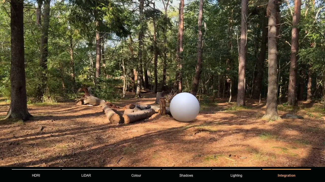 Final composite frame with a white sphere sitting on the forest floor in the tracked footage
