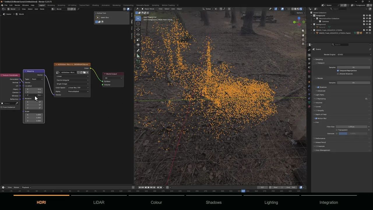 LiDAR scan imported into Blender and shown in orange next to the shader nodes