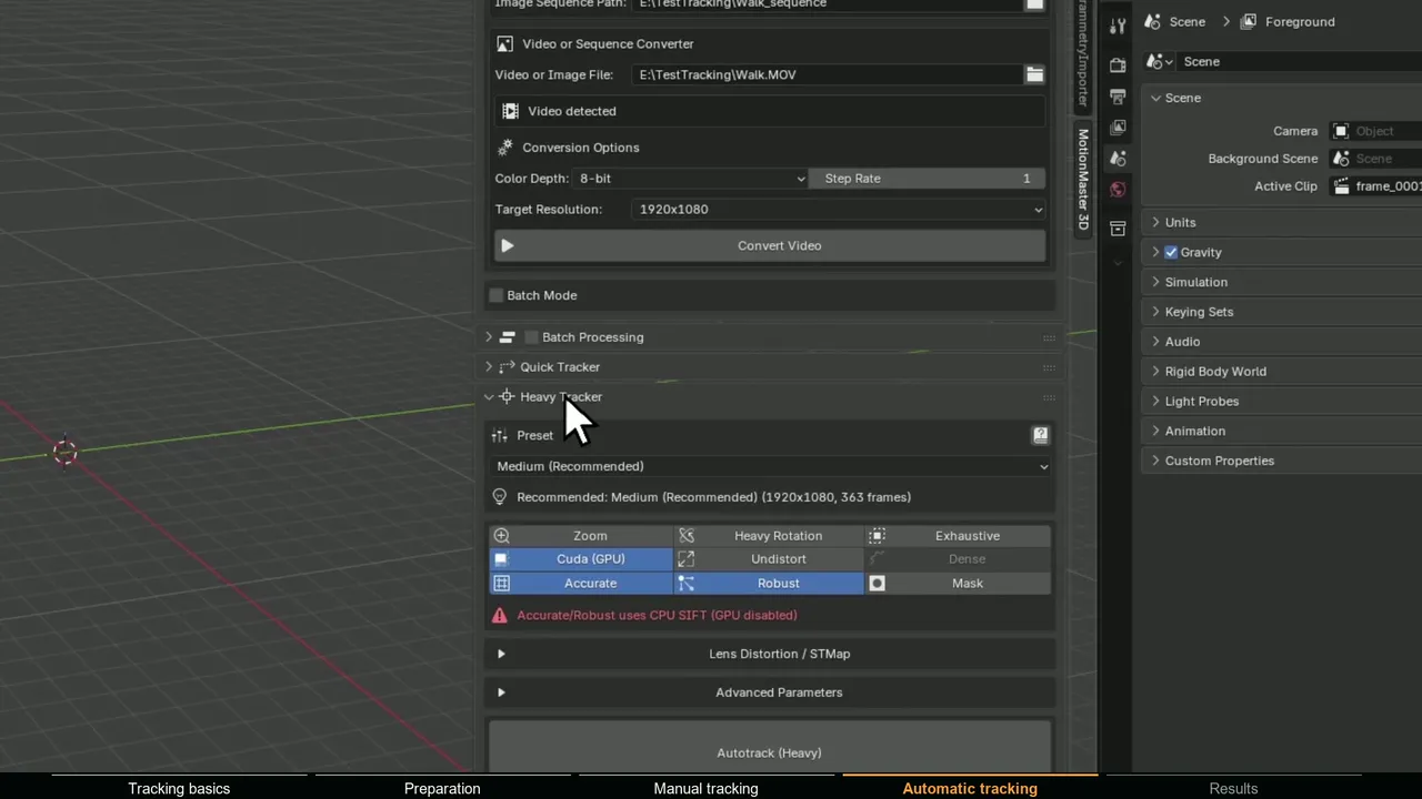 MotionMaster 3D Heavy Tracking panel in Blender with a preset selected before starting the automatic camera track