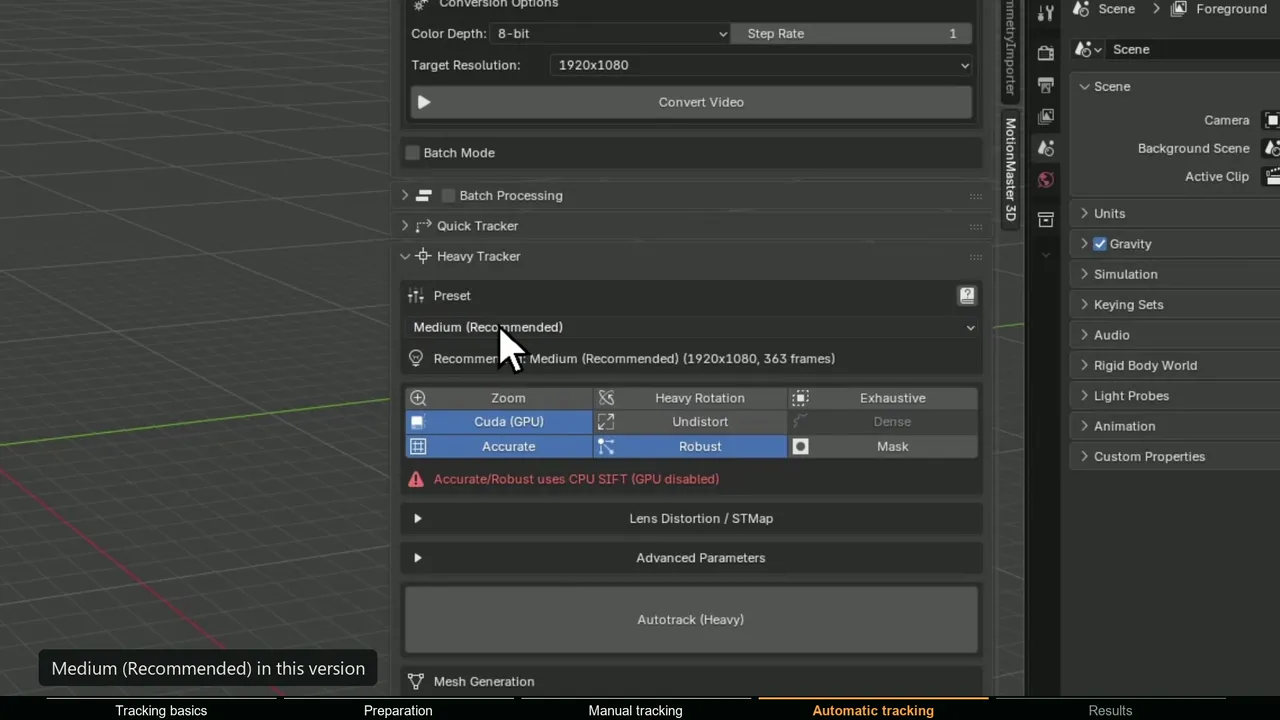 MotionMaster 3D panel in Blender showing the preset and progress while Heavy Tracking runs