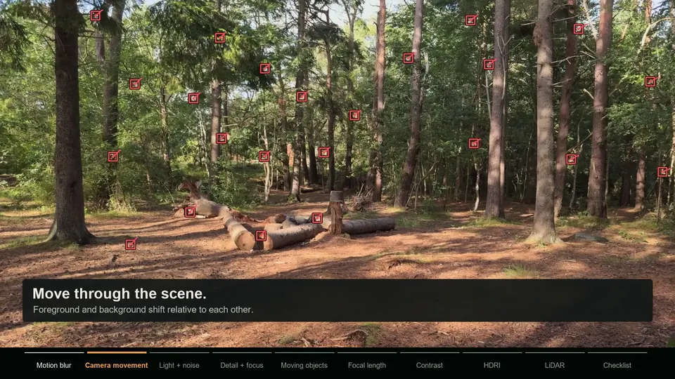 Forest shot with tracking markers that move at different speeds depending on their distance from the camera