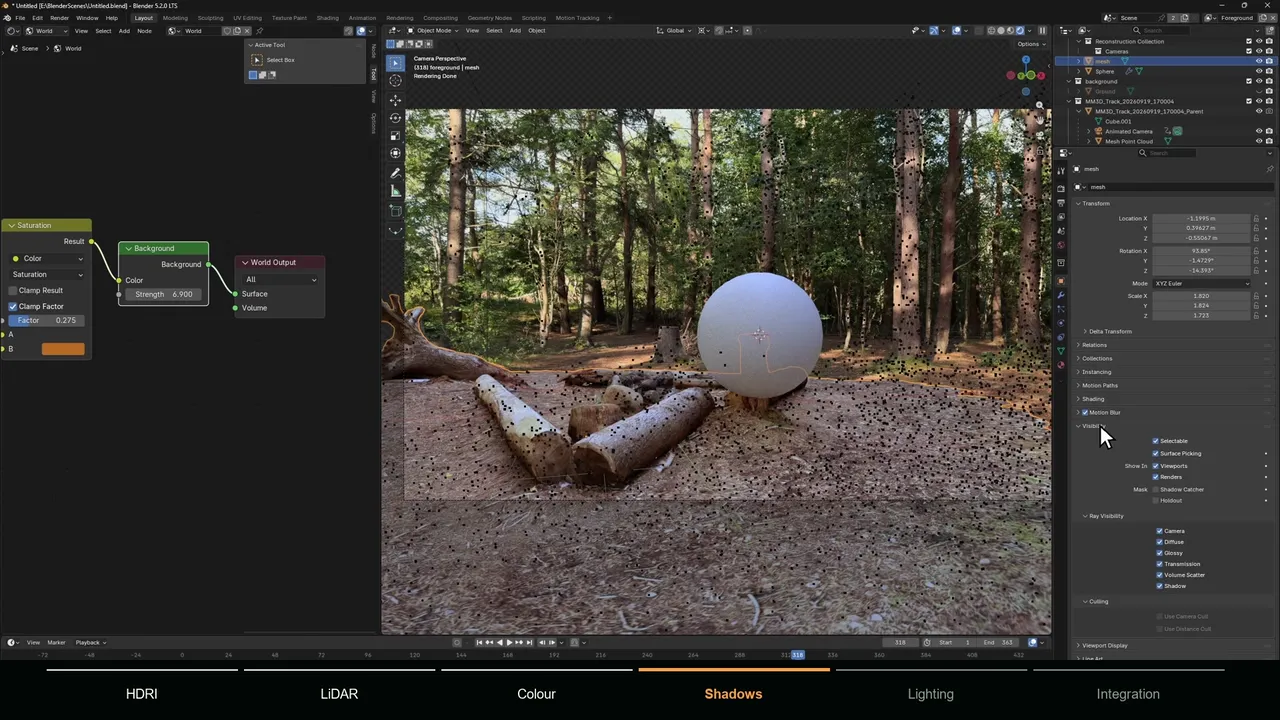 Scan set as a shadow catcher so the sphere casts a shadow onto the real ground in the footage