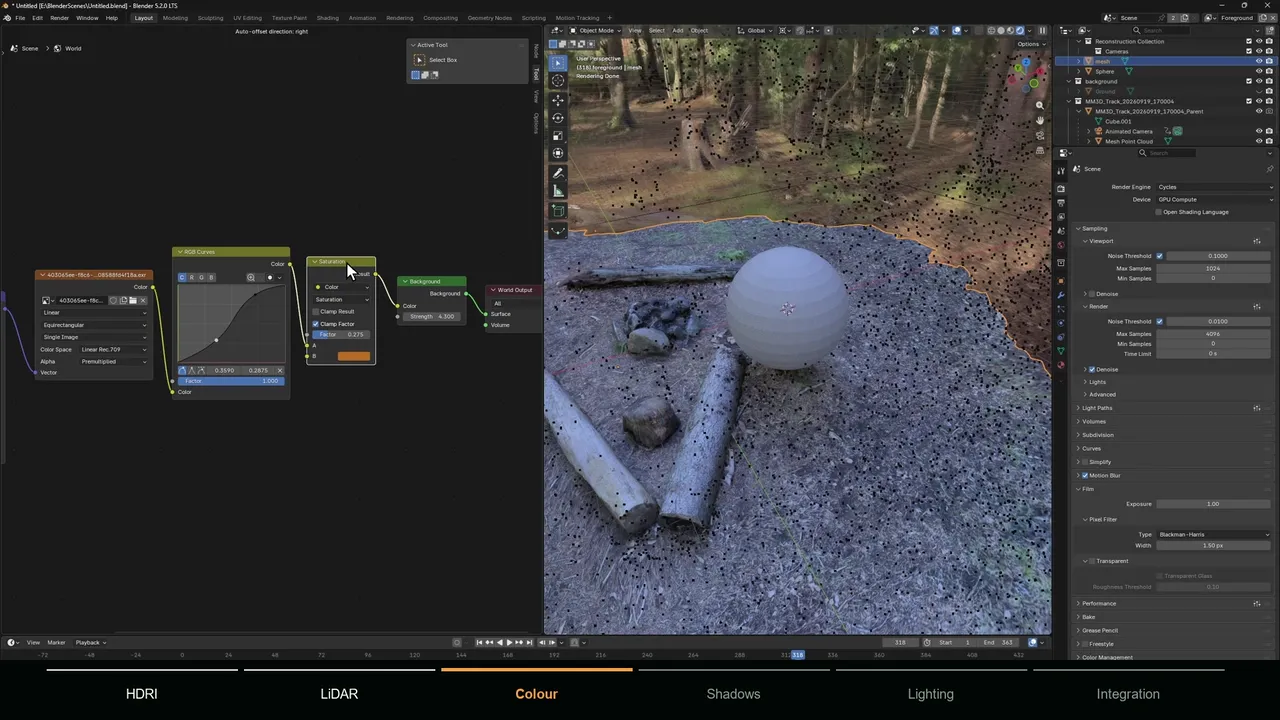 White test sphere on the scanned ground in Cycles, used to judge lighting before adding the real object