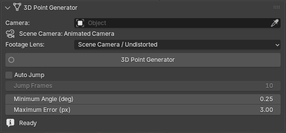 MotionMaster 3D 3D Point Generator panel with camera, footage lens, Auto Jump and error limits