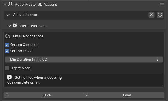 MotionMaster 3D Account panel with an active license, email notification settings and Save and Load buttons