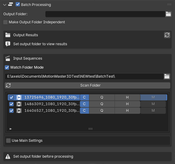 MotionMaster 3D Batch Processing panel with a watch folder and three sequences with Convert, Quick, Heavy and Mesh toggles
