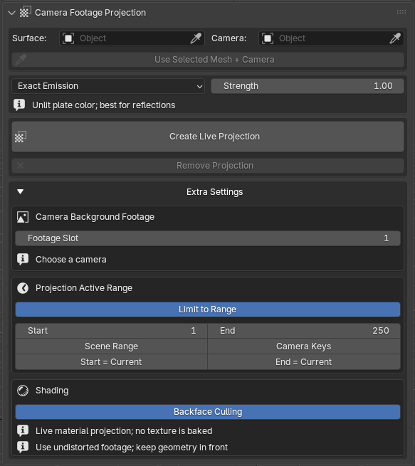 MotionMaster 3D Camera Footage Projection panel with surface, camera, shading mode and extra settings
