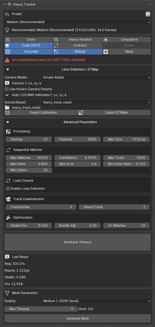 MotionMaster 3D Heavy Tracker panel with Lens Distortion / STMap and Advanced Parameters expanded