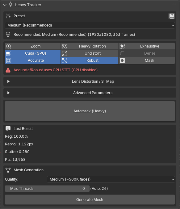 MotionMaster 3D Heavy Tracker panel with preset, option toggles, last result and mesh generation