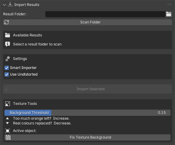 MotionMaster 3D Import Results panel with result folder, settings and Texture Tools