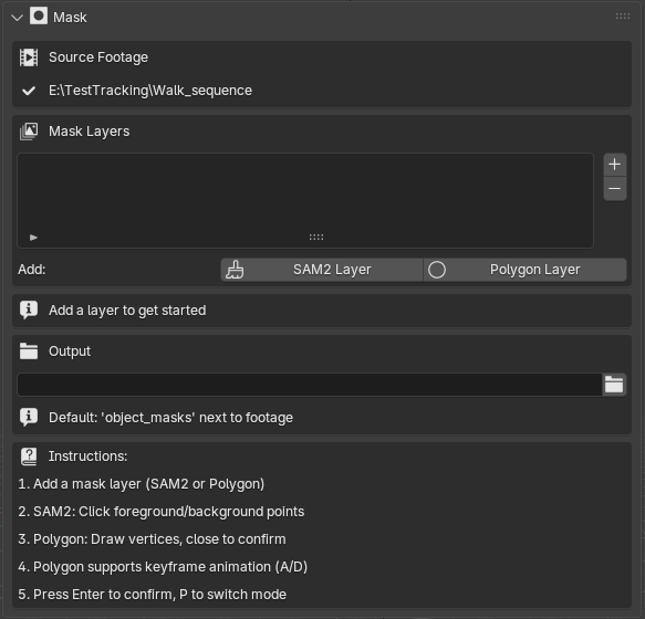 MotionMaster 3D Mask panel with source footage, mask layer list, output folder and instructions