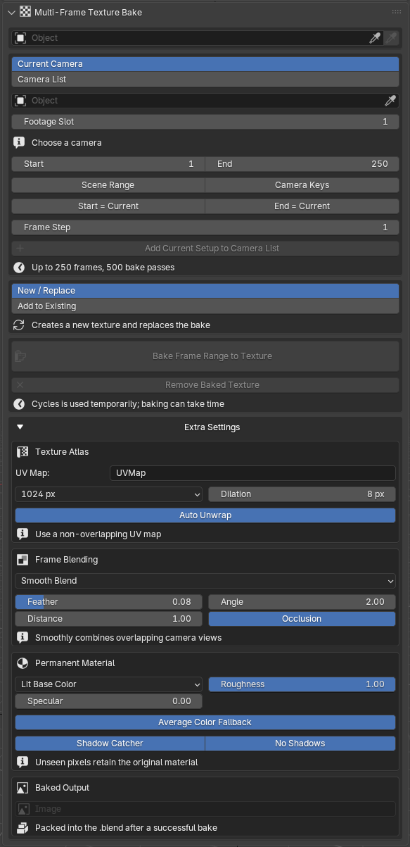MotionMaster 3D Multi-Frame Texture Bake panel with camera sources, accumulation and extra settings