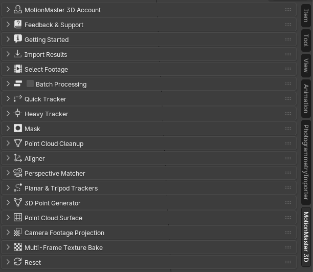The MotionMaster 3D tab in the Blender sidebar with every panel collapsed, from Account to Reset