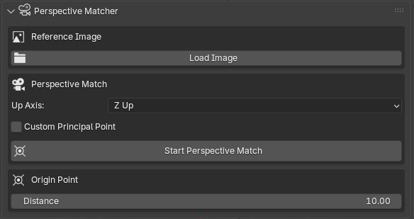 MotionMaster 3D Perspective Matcher panel with reference image, up axis and origin distance