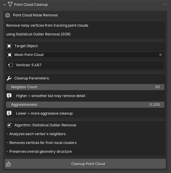 MotionMaster 3D Point Cloud Cleanup panel with target object, neighbor count and aggressiveness