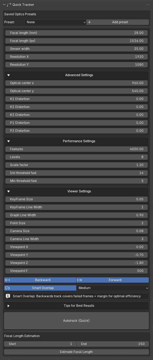 MotionMaster 3D Quick Tracker panel with advanced, performance and viewer settings expanded