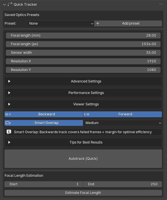 MotionMaster 3D Quick Tracker panel with optics settings, tracking direction and Autotrack button