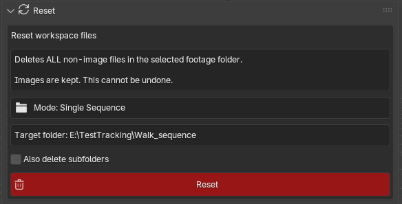 MotionMaster 3D Reset panel with mode, target folder, delete subfolders option and the Reset button