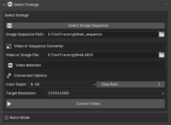 MotionMaster 3D Select Footage panel with image sequence path, video converter options and Batch Mode
