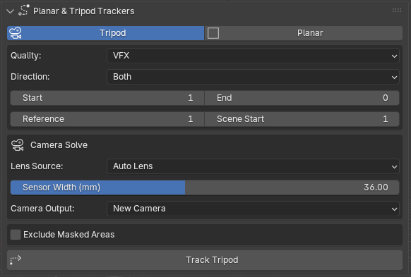 MotionMaster 3D Planar and Tripod Trackers panel in Tripod mode with quality, range and camera solve settings